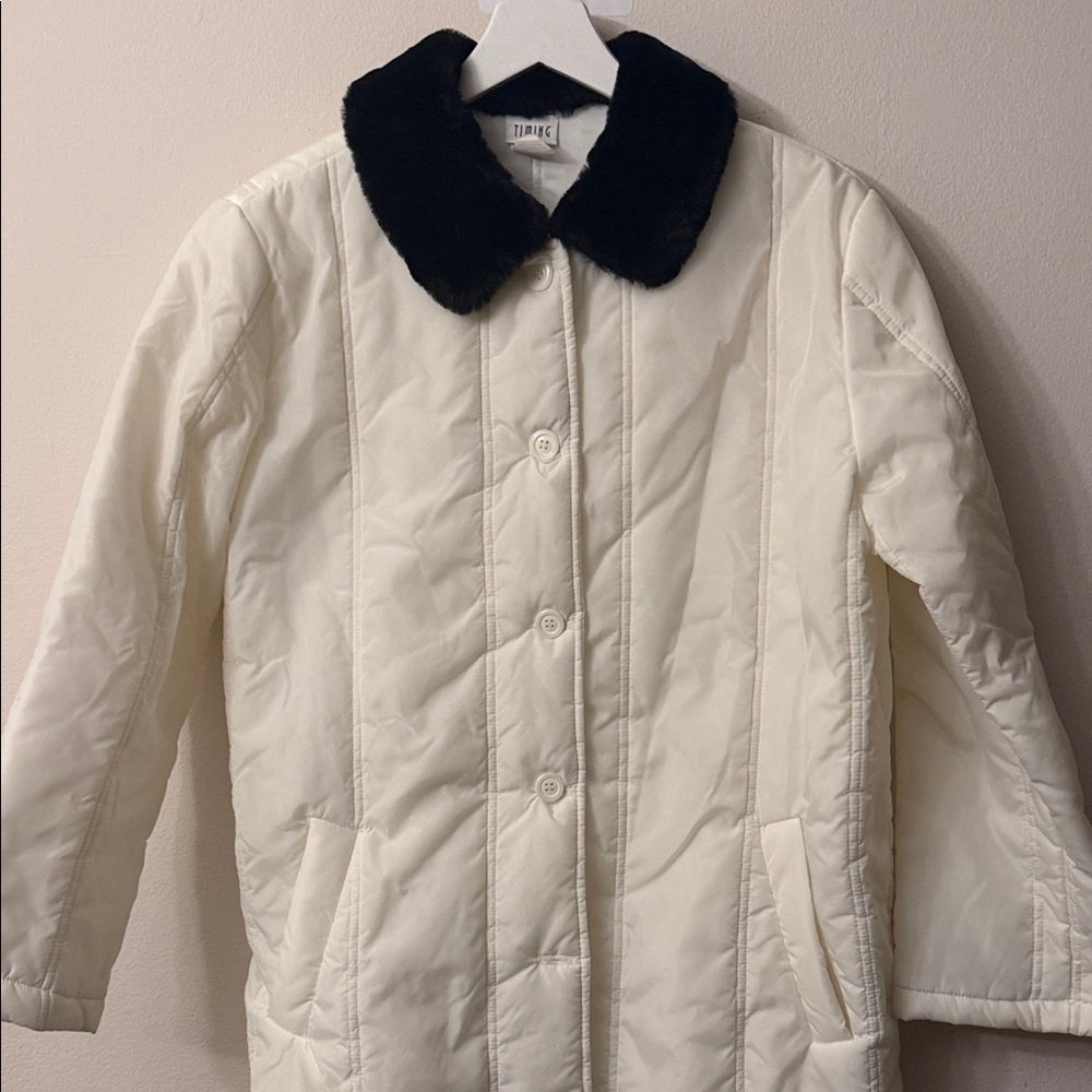 Timing Cream Quilted Puffer Coat with Black Faux Fur Collar